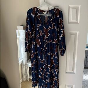 Boden Blue and Brown Long Sleeve Sundress with Bishop Sleeves